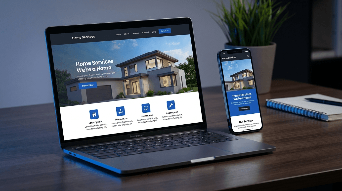 A modern home-services website shown on a laptop and smartphone
