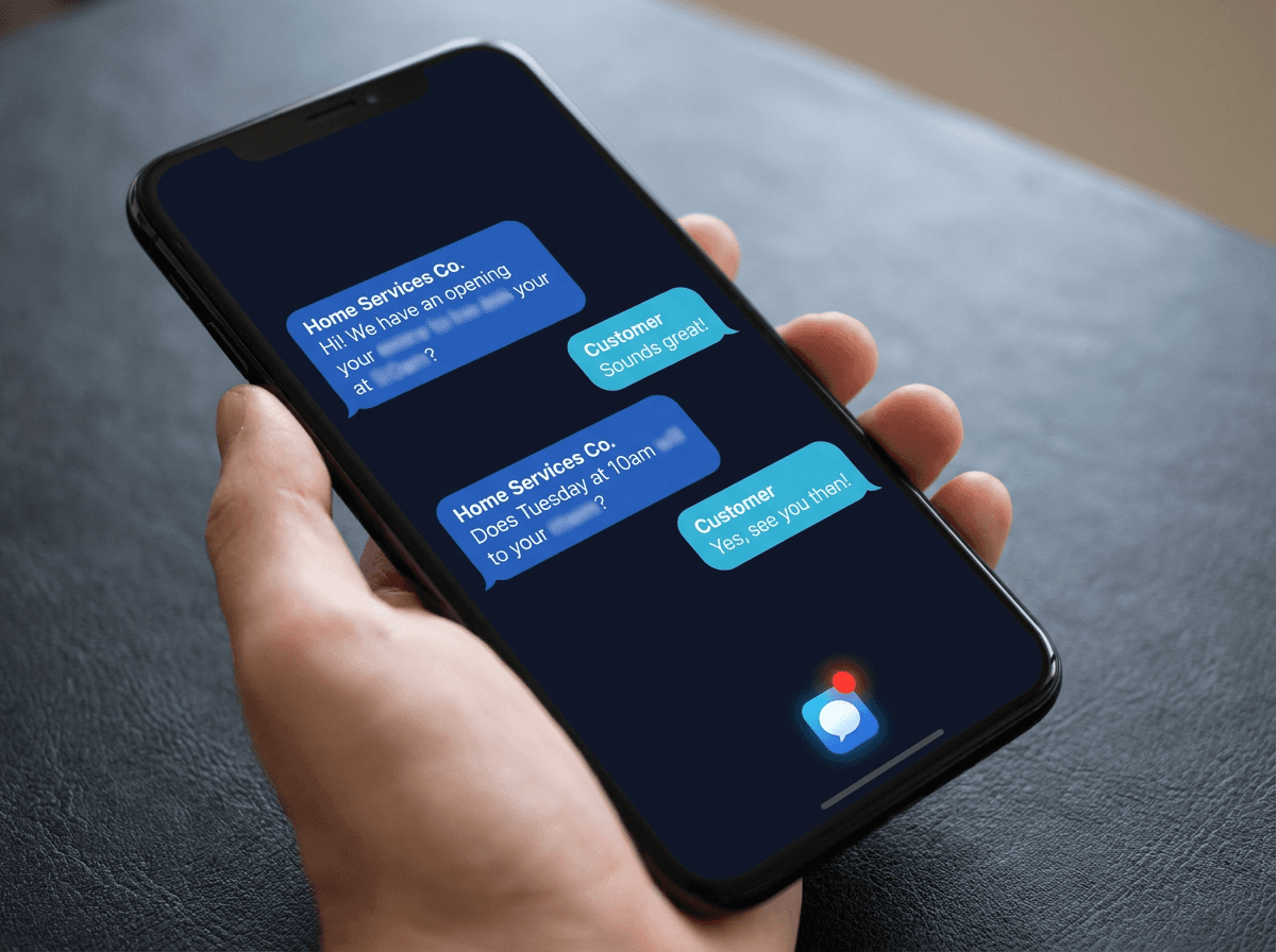 A phone showing an automatic text-back conversation booking an appointment