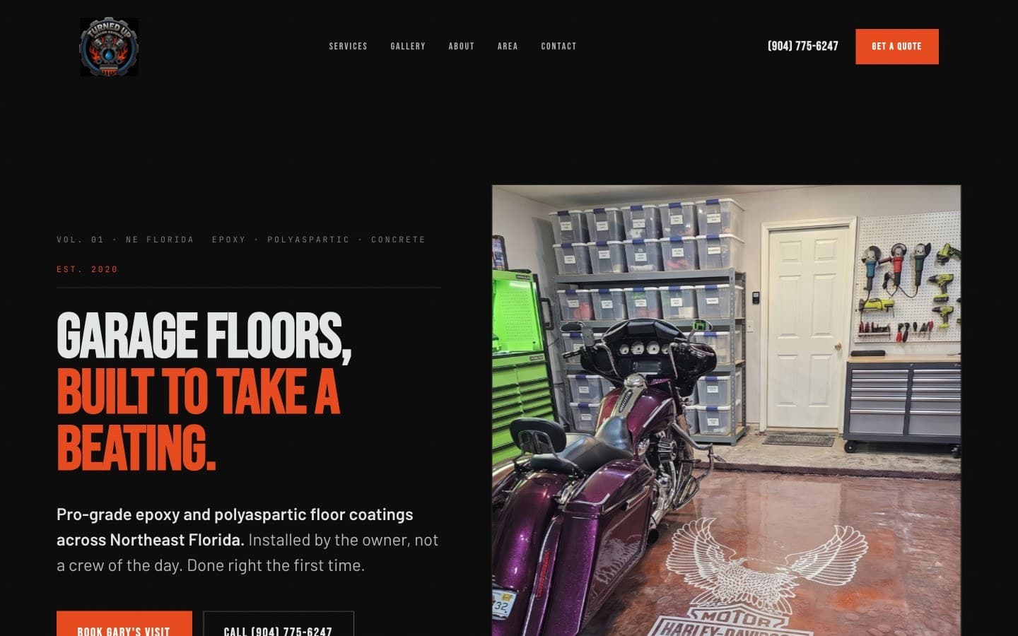The Turned Up Custom Coatings website we built — a dark, automotive epoxy-coatings site